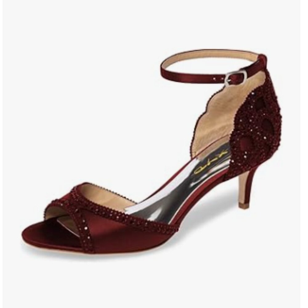 XYD Wine Peep Toe D'Orsay Kitten Heel Rhinestone Studs Ankle Strap Sandal